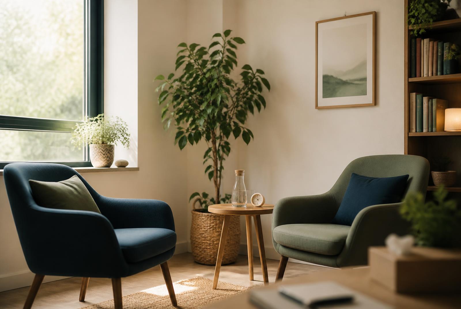 Ruhiger, minimalistischer Therapieraum mit zwei Sesseln, Pflanzen und warmem Tageslicht